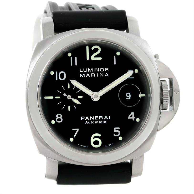 This image shows a frontal view of a Panerai Luminor PAM00164 Men's Stainless Steel Black Dial PAM00164 Men's Stainless Steel Black Dial watch, displaying its black dial, numerals, and crown protector.