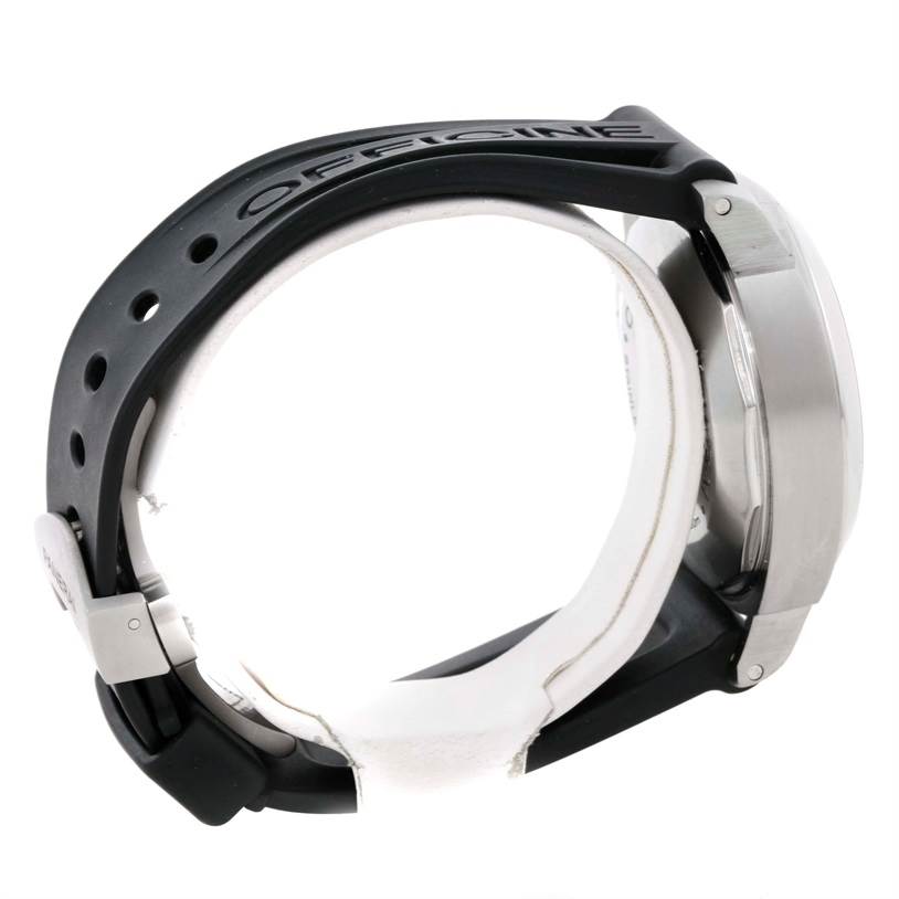 The image shows a side view of a Panerai Luminor PAM00164 Men's Stainless Steel Black Dial PAM00164 Men's Stainless Steel Black Dial watch, highlighting the silver case and black rubber strap.