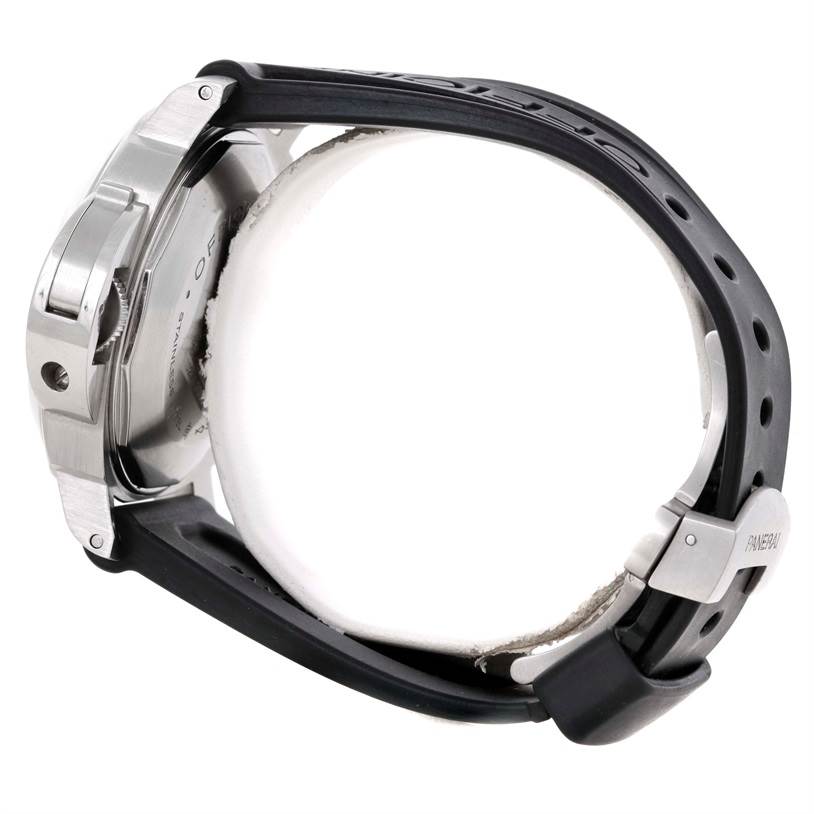 This image shows a side view of the Panerai Luminor PAM00164 Men's Stainless Steel Black Dial PAM00164 Men's Stainless Steel Black Dial watch, highlighting the case, crown guard, and black rubber strap.