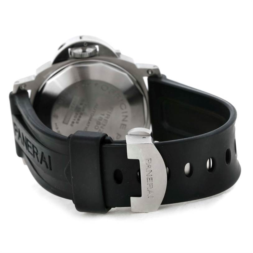 The image shows the back view of a Panerai Luminor PAM00164 Men's Stainless Steel Black Dial PAM00164 Men's Stainless Steel Black Dial watch, highlighting its case back and rubber strap with the PANERAI buckle.