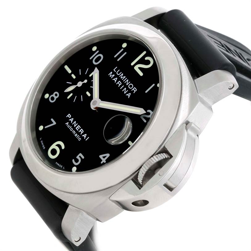 This Luminor by Panerai watch is shown at an oblique angle, revealing the face, crown guard, and part of the strap.