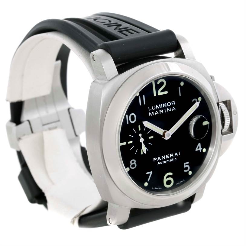 The Panerai Luminor PAM00164 Men's Stainless Steel Black Dial PAM00164 Men's Stainless Steel Black Dial watch is shown at a slight angle, highlighting its black dial, stainless steel case, and rubber strap.