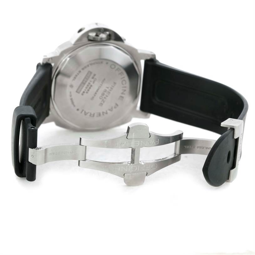 This image shows the back and clasp of the Panerai Luminor PAM00164 Men's Stainless Steel Black Dial PAM00164 Men's Stainless Steel Black Dial watch with a metal buckle and a black rubber strap.