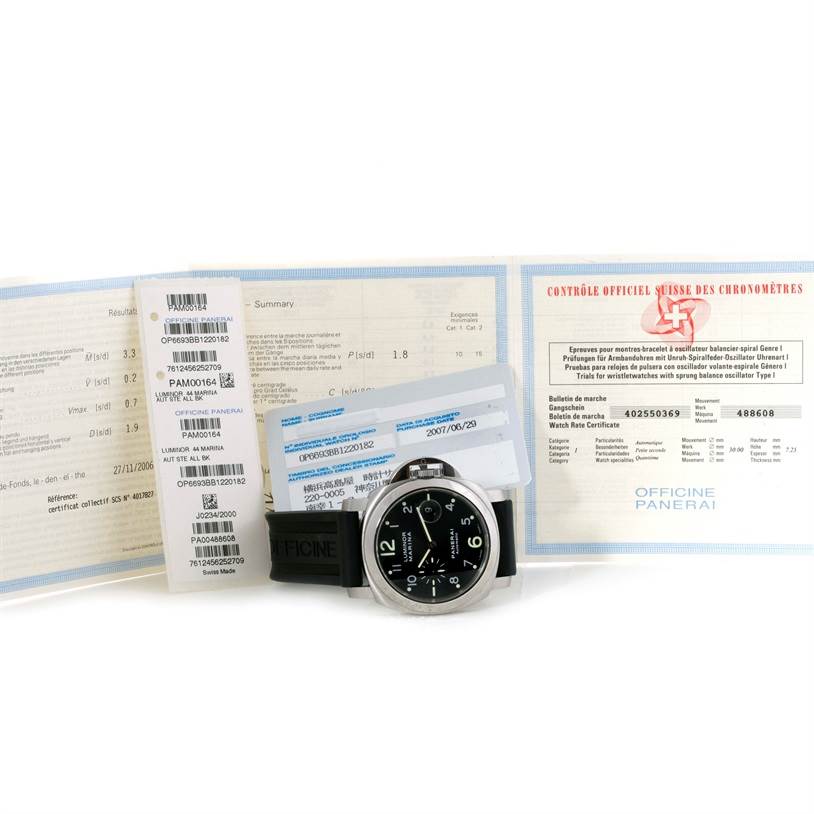 The Panerai Luminor PAM00164 Men's Stainless Steel Black Dial PAM00164 Men's Stainless Steel Black Dial watch is shown front-facing, along with its authentication papers and documentation.