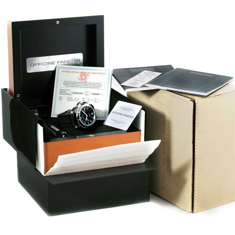 The image shows a Panerai Luminor PAM00164 Men's Stainless Steel Black Dial PAM00164 Men's Stainless Steel Black Dial watch with its packaging, documents, and accessories from a front angle.