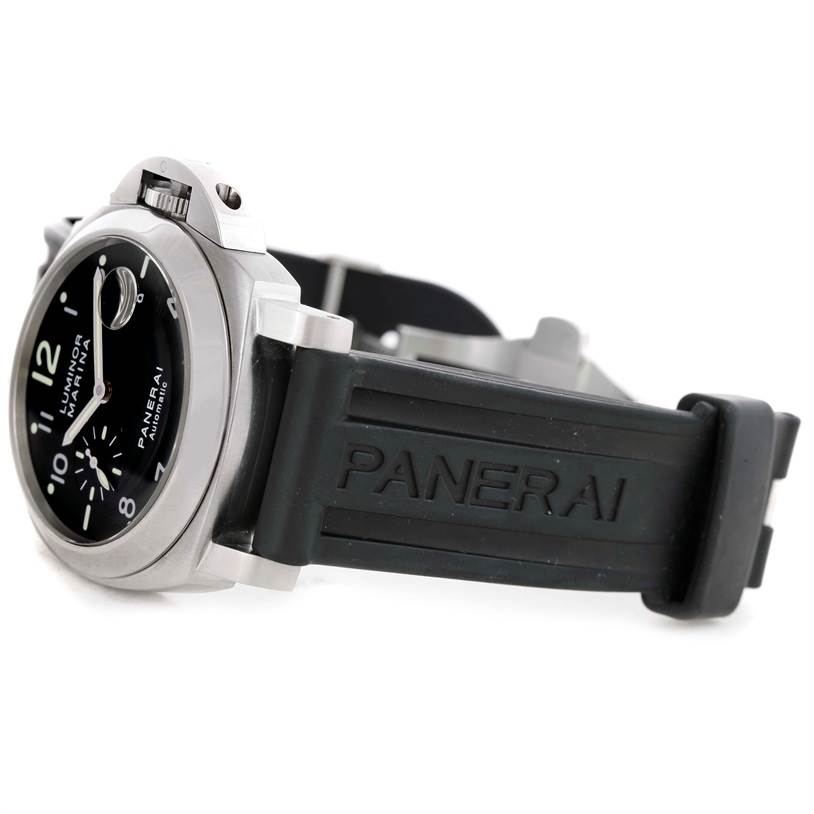 The image shows a side view of a Panerai Luminor PAM00164 Men's Stainless Steel Black Dial PAM00164 Men's Stainless Steel Black Dial watch, highlighting the black dial, crown guard, and rubber strap with "PANERAI" branding.