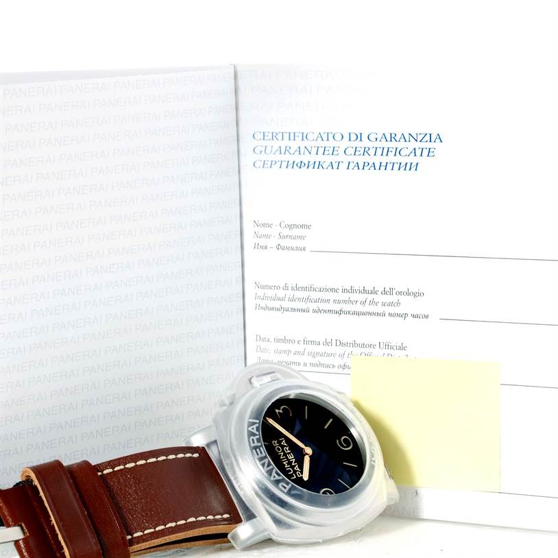 The image shows a Panerai Luminor PAM00372 Men's Stainless Steel Black Dial PAM00372 Men's Stainless Steel Black Dial watch with a brown leather strap, angled to display the face, alongside its guarantee certificate.