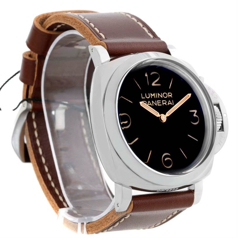 This Panerai Luminor PAM00372 Men's Stainless Steel Black Dial PAM00372 Men's Stainless Steel Black Dial watch is shown from an angled side view, highlighting the face, case, and brown leather strap.