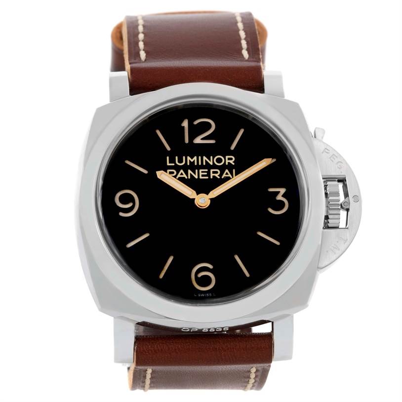 The image displays a front view of a Panerai Luminor PAM00372 Men's Stainless Steel Black Dial PAM00372 Men's Stainless Steel Black Dial watch with a brown leather strap and a black dial.