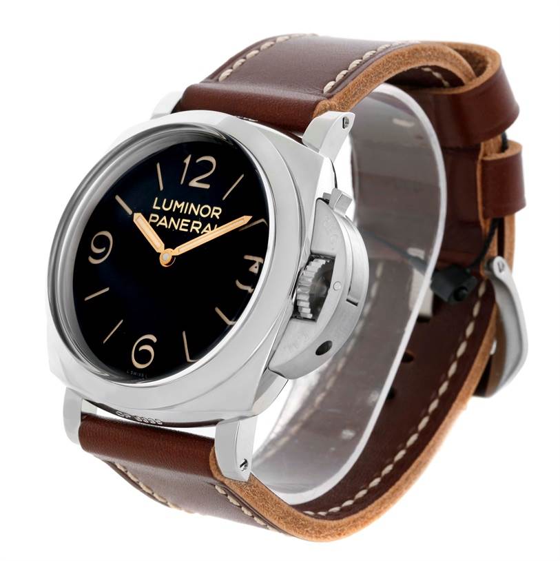 A Panerai Luminor PAM00372 Men's Stainless Steel Black Dial PAM00372 Men's Stainless Steel Black Dial watch at a three-quarter angle showing its face, case, crown guard, and leather strap.