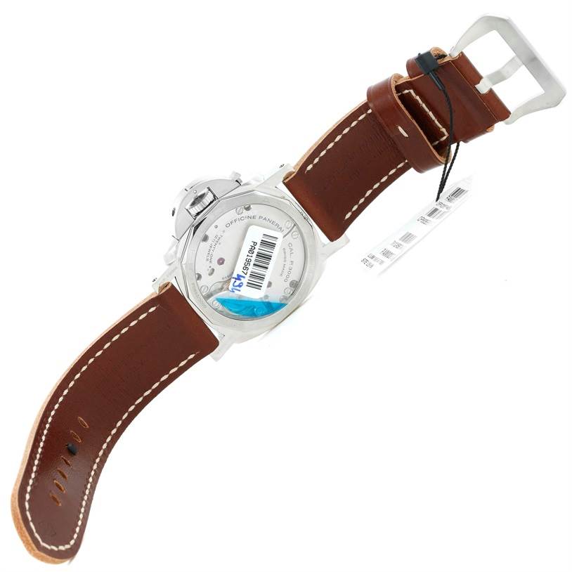 The image shows the back view of a Panerai Luminor PAM00372 Men's Stainless Steel Black Dial PAM00372 Men's Stainless Steel Black Dial watch, highlighting the case back and leather strap with a buckle.