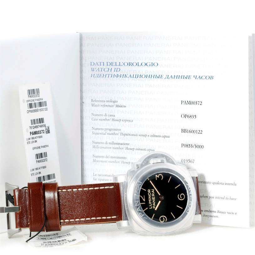 The image shows a Panerai Luminor PAM00372 Men's Stainless Steel Black Dial PAM00372 Men's Stainless Steel Black Dial watch laid flat with its documentation, showing the front dial and brown leather strap.