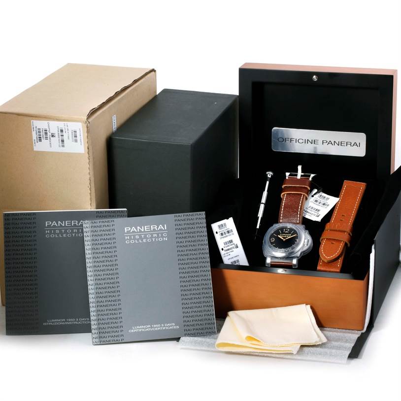 The image shows a boxed Panerai Luminor PAM00372 Men's Stainless Steel Black Dial PAM00372 Men's Stainless Steel Black Dial watch with additional straps, manuals, and packaging.