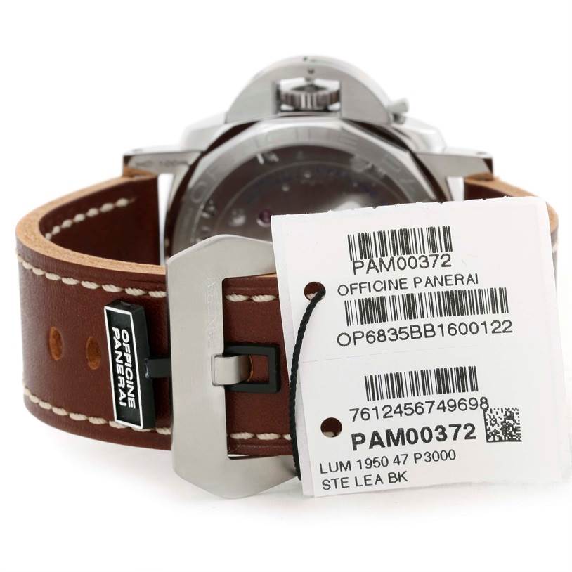 The image shows the back view of a Panerai Luminor PAM00372 Men's Stainless Steel Black Dial PAM00372 Men's Stainless Steel Black Dial PAM00372 watch, focusing on the leather strap and buckle with attached tags.