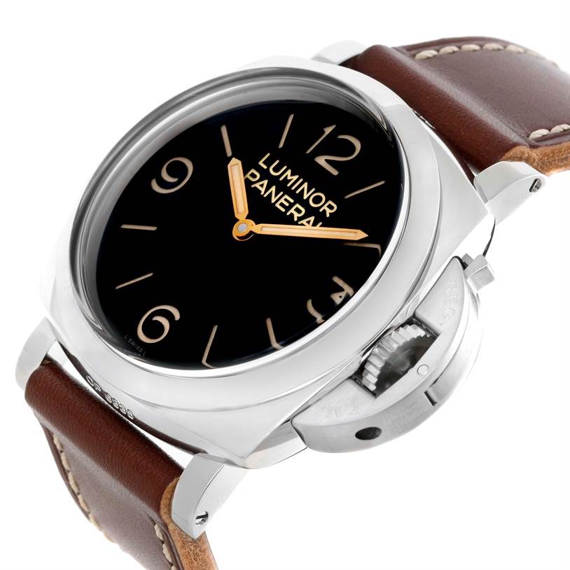 The image shows a Panerai Luminor PAM00372 Men's Stainless Steel Black Dial PAM00372 Men's Stainless Steel Black Dial watch at a slight angle, highlighting its black dial, brown leather strap, and crown guard.
