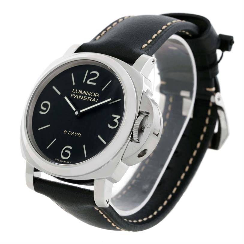 The image shows a Panerai Luminor PAM00560 Men
s Stainless Steel Black Dial PAM00560 Men
s Stainless Steel Black Dial watch angled from the front-left, displaying the dial, case, crown, and leather strap.