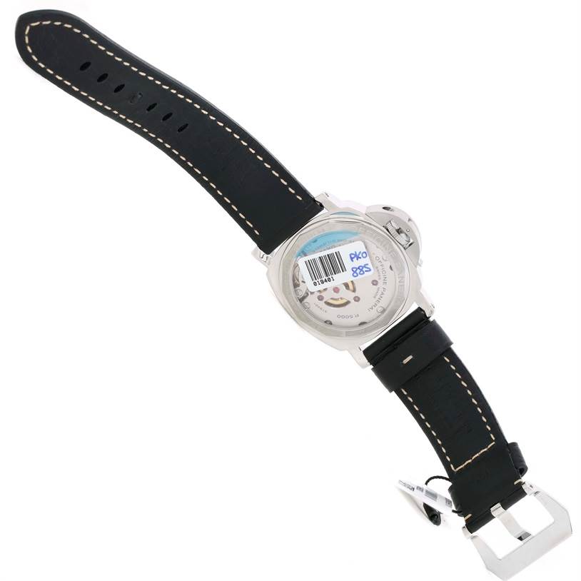 The image shows the back view of a Panerai Luminor PAM00560 Men
s Stainless Steel Black Dial PAM00560 Men
s Stainless Steel Black Dial watch, highlighting its case back, strap, and buckle.
