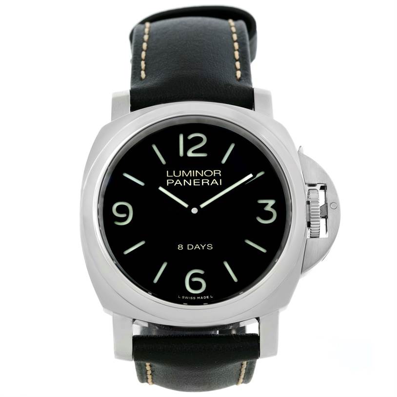 This image shows a front view of the Panerai Luminor PAM00560 Men
s Stainless Steel Black Dial PAM00560 Men
s Stainless Steel Black Dial watch, highlighting its black dial and leather strap.