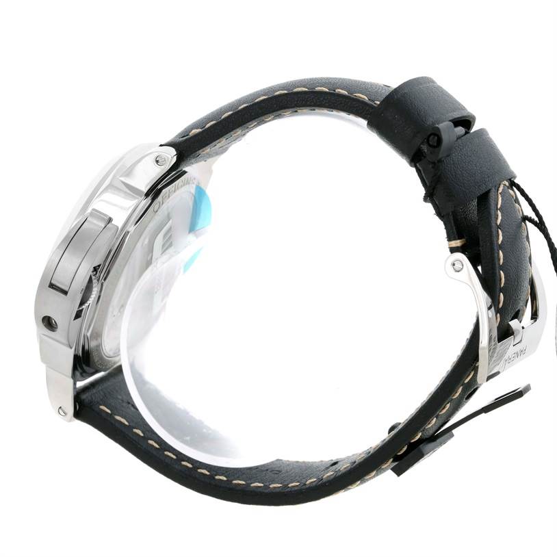 The image shows a side view of the Panerai Luminor PAM00560 Men
s Stainless Steel Black Dial PAM00560 Men
s Stainless Steel Black Dial watch, highlighting the case, bezel, strap, and clasp.