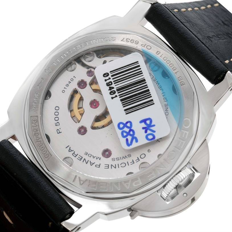 This image shows the back view of a Panerai Luminor PAM00560 Men
s Stainless Steel Black Dial PAM00560 Men
s Stainless Steel Black Dial watch, highlighting the P.5000 movement and stainless steel case.