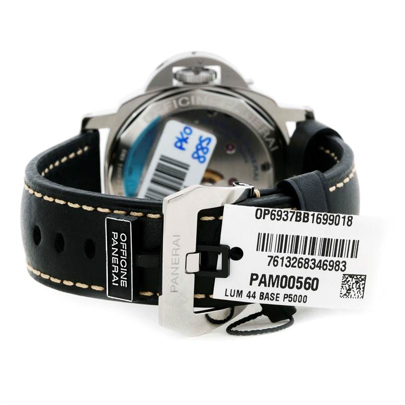 The image shows the back view of a Panerai Luminor PAM00560 Men
s Stainless Steel Black Dial PAM00560 Men
s Stainless Steel Black Dial model watch, focusing on the buckle and case back.