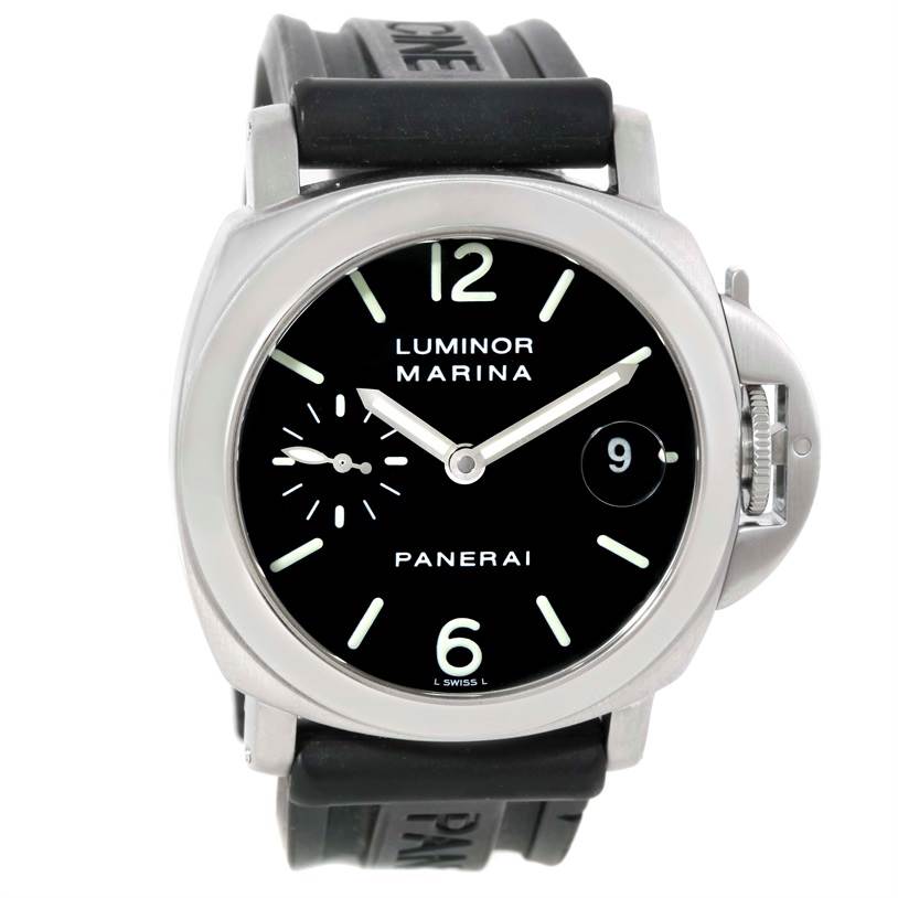 This is a front view of a Panerai Luminor Men's Stainless Steel Black Dial Men's Stainless Steel Black Dial watch, showing the dial, hands, crown guard, and rubber strap.