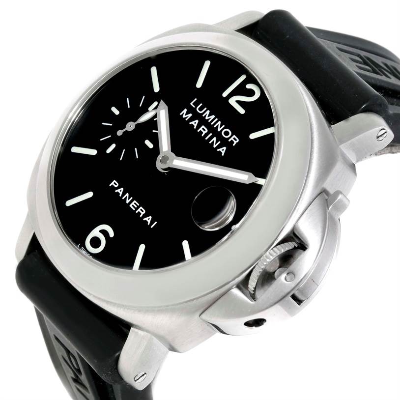This image shows a Panerai Luminor Men's Stainless Steel Black Dial Men's Stainless Steel Black Dial Marina watch at an angle highlighting the dial, crown, and part of the strap.