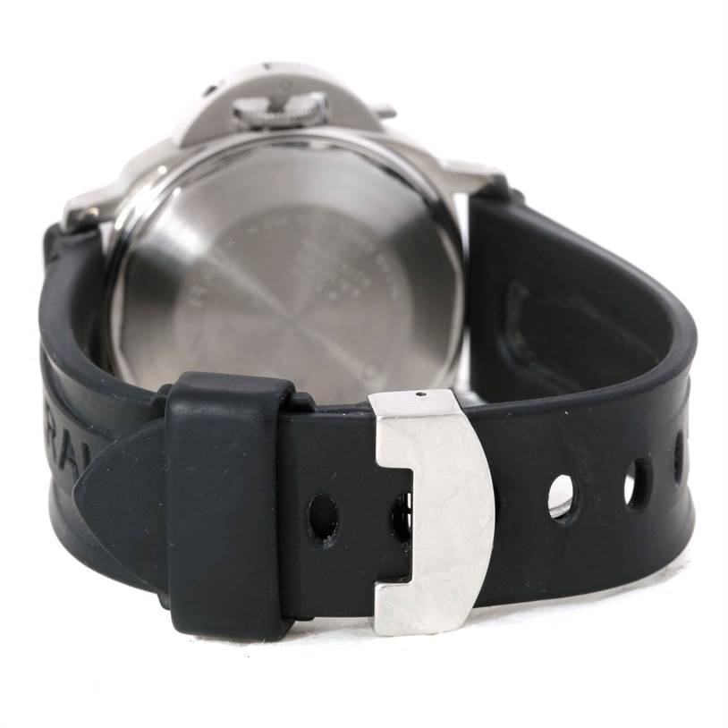 This image shows the rear view of a Panerai Luminor Men's Stainless Steel Black Dial Men's Stainless Steel Black Dial watch, focusing on its metal case back and black rubber strap.