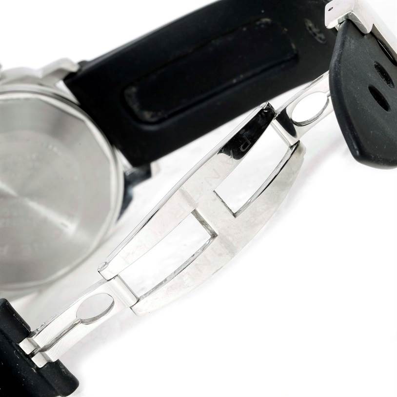 This image shows an open clasp and part of the back case of a Panerai Luminor Men's Stainless Steel Black Dial Men's Stainless Steel Black Dial watch, featuring its strap attachment mechanism.