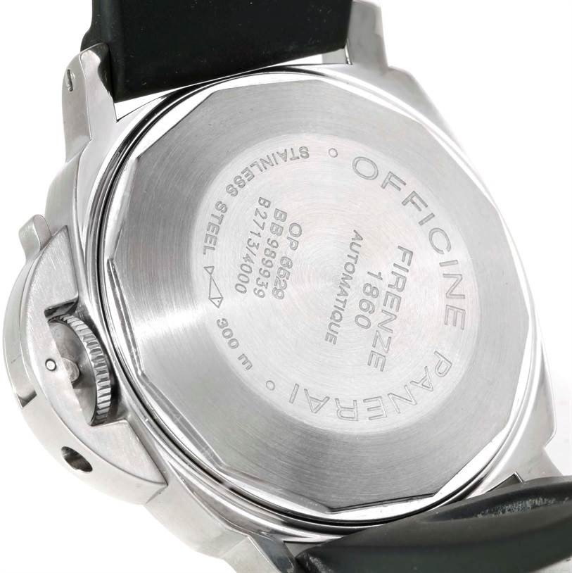 The image shows the back case and crown protection mechanism of a Panerai Luminor Men's Stainless Steel Black Dial Men's Stainless Steel Black Dial watch.