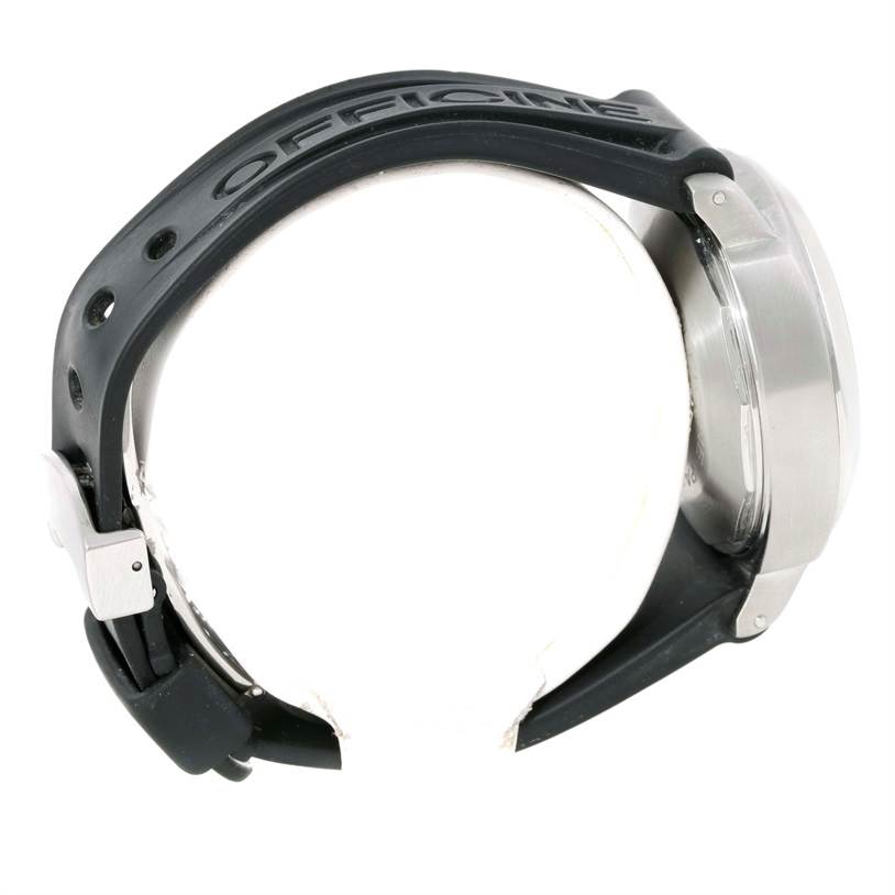 This side view of the Panerai Luminor Men's Stainless Steel Black Dial Men's Stainless Steel Black Dial watch showcases the crown, case, and black rubber strap.