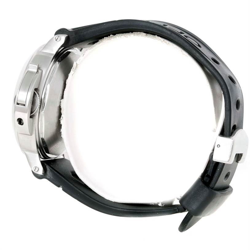 This side view of the Panerai Luminor Men's Stainless Steel Black Dial Men's Stainless Steel Black Dial watch shows the case, crown guard, and black strap.