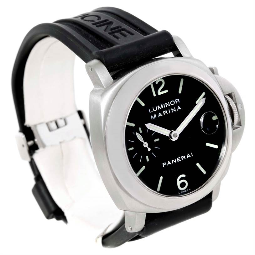 The image shows a Panerai Luminor Men's Stainless Steel Black Dial Men's Stainless Steel Black Dial watch at a three-quarter angle, highlighting the dial, case, and strap.
