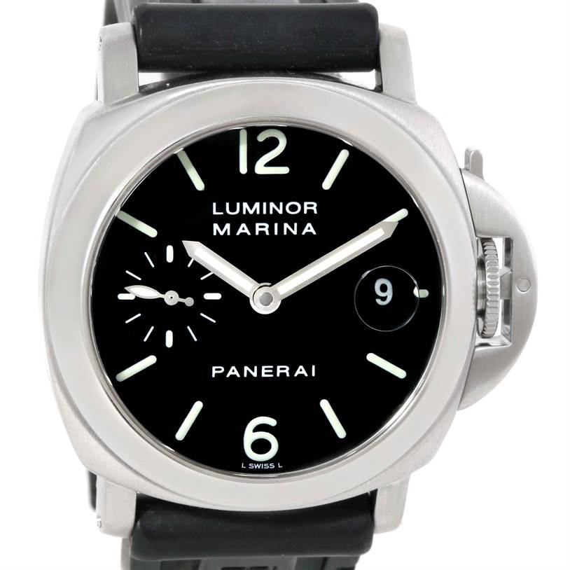 This image shows a front view of the Panerai Luminor Men's Stainless Steel Black Dial Men's Stainless Steel Black Dial Marina watch with a black dial and a rubber strap.