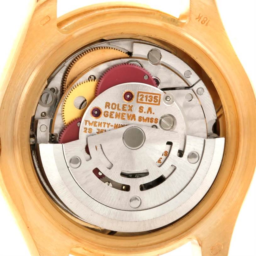 This image shows the internal mechanical movement of the Rolex Pearlmaster 69298 Women's Yellow Gold Mother of Pearl Dial 69298 Women's Yellow Gold Mother of Pearl Dial watch at a close-up angle.