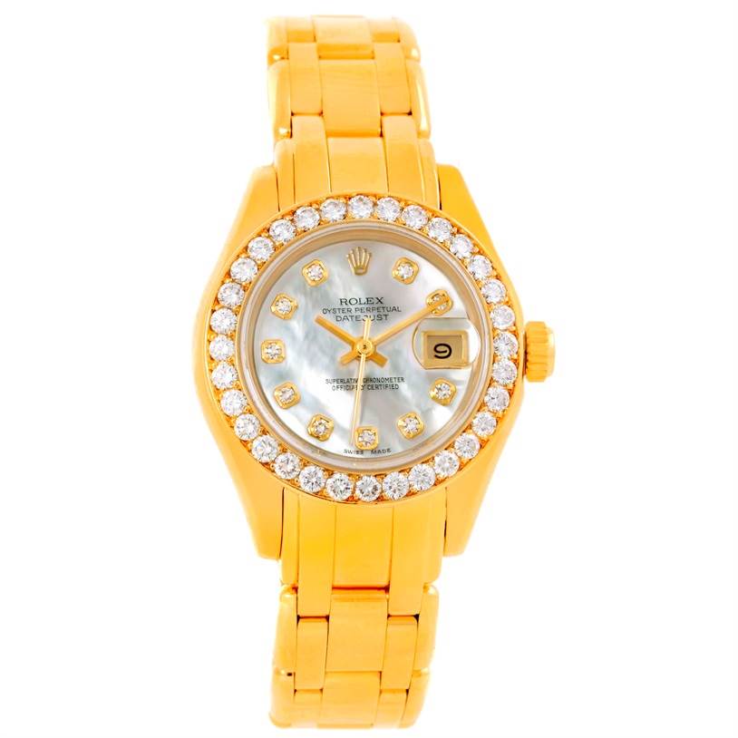 This image shows a full frontal view of a Rolex Pearlmaster 69298 Women's Yellow Gold Mother of Pearl Dial 69298 Women's Yellow Gold Mother of Pearl Dial watch, displaying its face, bezel, and bracelet.