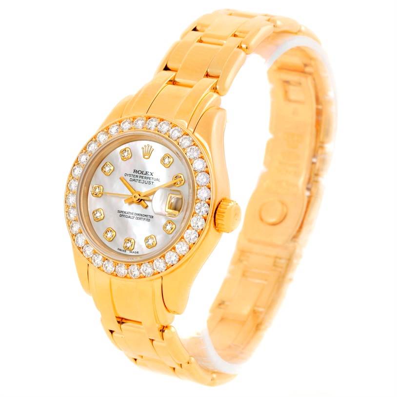 The Rolex Pearlmaster 69298 Women's Yellow Gold Mother of Pearl Dial 69298 Women's Yellow Gold Mother of Pearl Dial watch is shown at a three-quarter angle, displaying the face, bezel, crown, and part of the band.