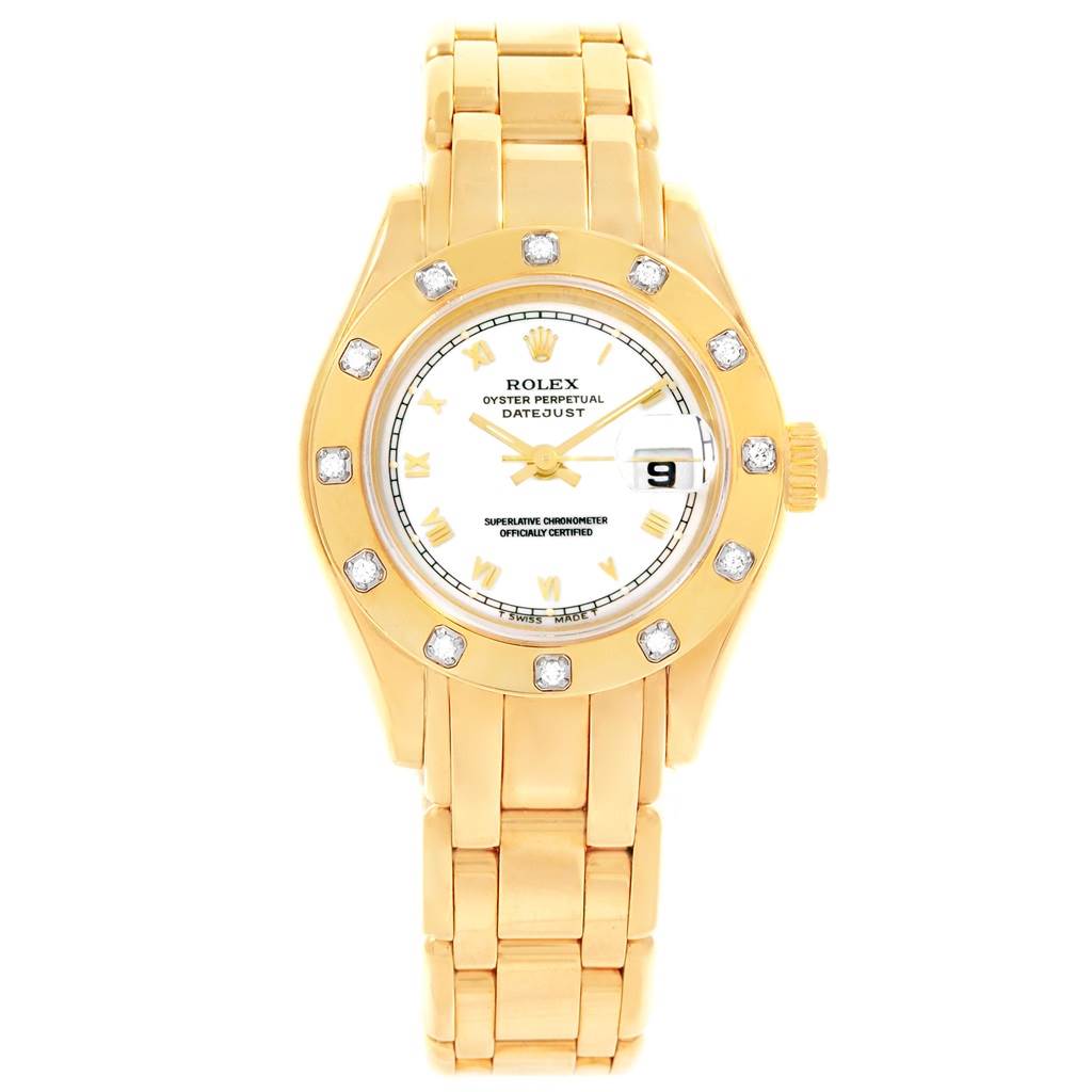 The image shows a front view of a Rolex Pearlmaster 69318 Women's Yellow Gold White Dial 69318 Women's Yellow Gold White Dial watch, displaying its face, bezel, and bracelet.