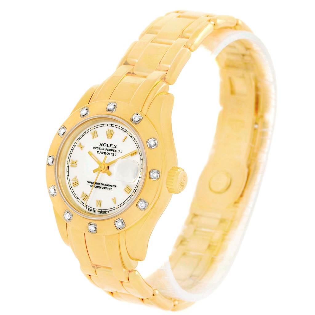 The Rolex Pearlmaster 69318 Women's Yellow Gold White Dial 69318 Women's Yellow Gold White Dial watch is shown at a slight angle, highlighting its band, bezel, and face.