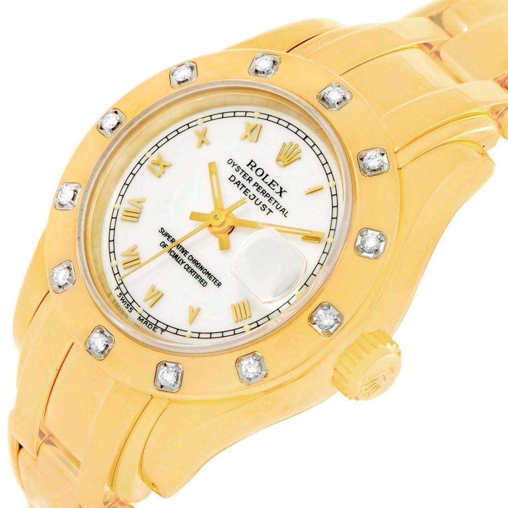 This image shows a Rolex Pearlmaster 69318 Women's Yellow Gold White Dial 69318 Women's Yellow Gold White Dial watch angled from the front, displaying the face, bezel, crown, and part of the band.