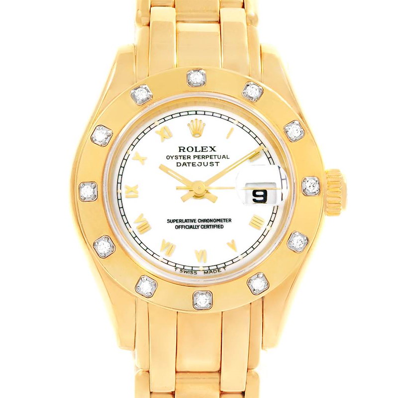 Rolex Pearlmaster Yellow Gold White Dial Diamond Ladies Watch 69318 SwissWatchExpo