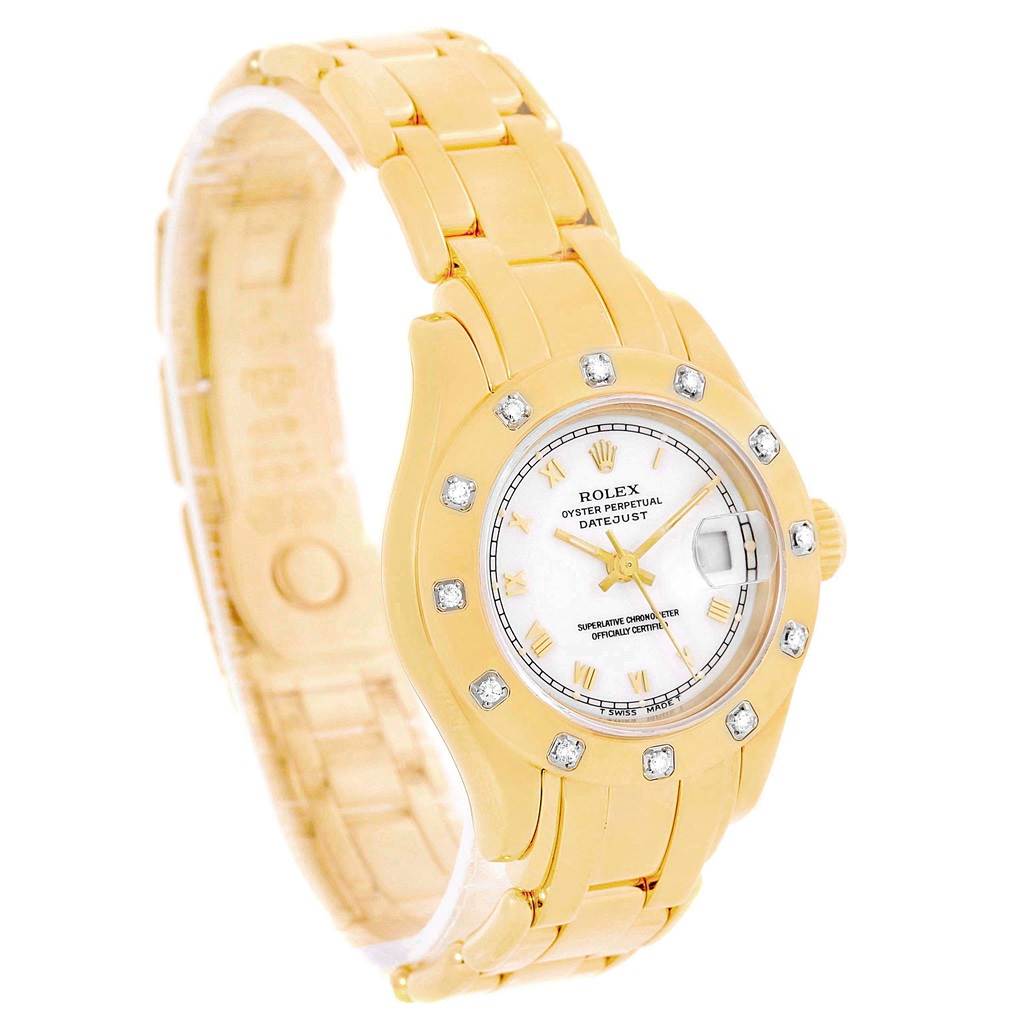 The Rolex Pearlmaster 69318 Women's Yellow Gold White Dial 69318 Women's Yellow Gold White Dial watch is shown at a three-quarter angle, highlighting the dial, bezel, bracelet, and crown.