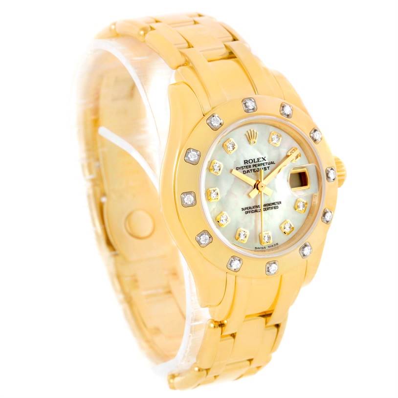 The image shows a Rolex Pearlmaster 80318 Women's Yellow Gold Mother of Pearl Dial 80318 Women's Yellow Gold Mother of Pearl Dial watch angled to display the face, bezel, and part of the bracelet.