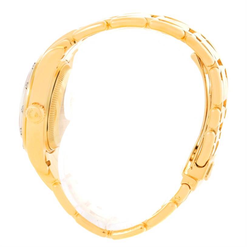 The image shows a side view of the Rolex Pearlmaster 80318 Women's Yellow Gold Mother of Pearl Dial 80318 Women's Yellow Gold Mother of Pearl Dial, highlighting the crown, case, and part of the bracelet.