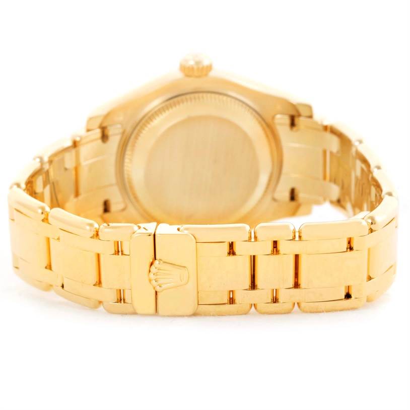 The image shows the back and bracelet clasp of a Rolex Pearlmaster 80318 Women's Yellow Gold Mother of Pearl Dial 80318 Women's Yellow Gold Mother of Pearl Dial watch in gold, viewed from the rear.