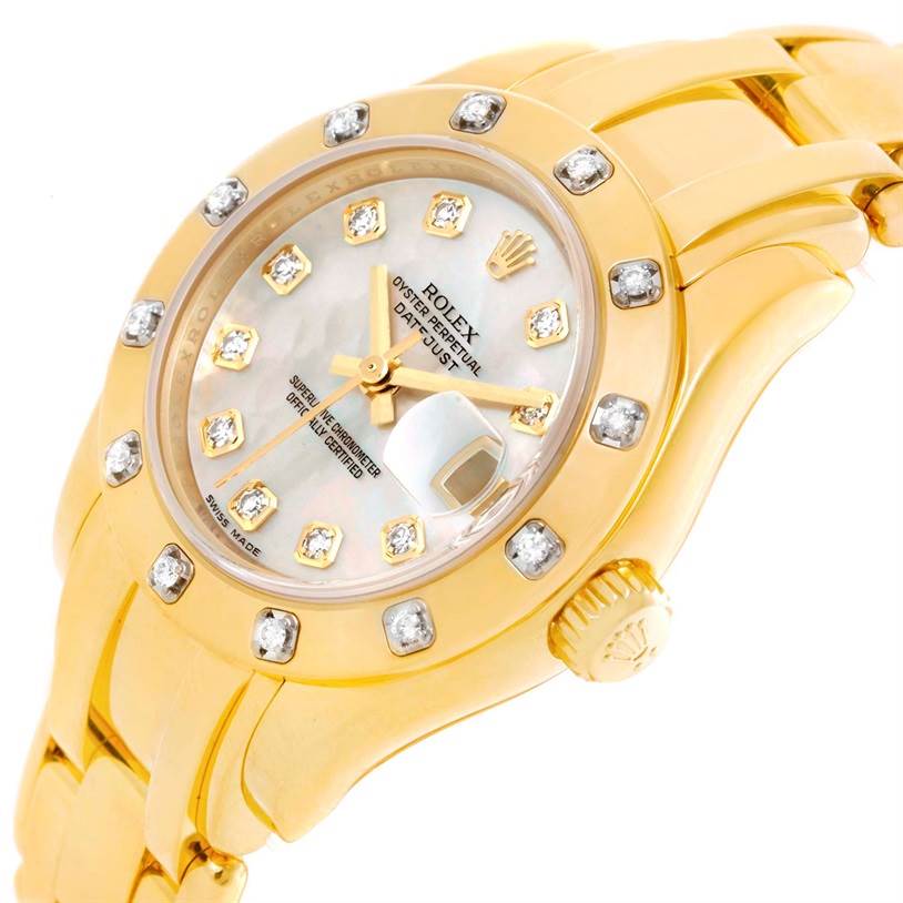 The image shows a close-up, angled view of a Rolex Pearlmaster 80318 Women's Yellow Gold Mother of Pearl Dial 80318 Women's Yellow Gold Mother of Pearl Dial watch highlighting its gold case, diamond-encrusted bezel, and crown.