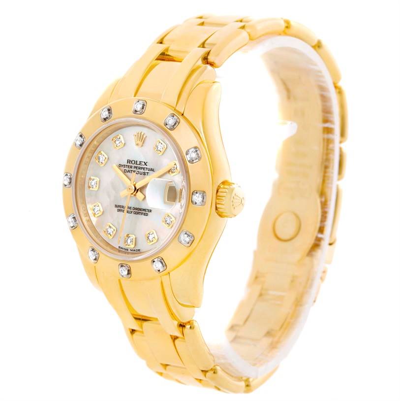 The Rolex Pearlmaster 80318 Women's Yellow Gold Mother of Pearl Dial 80318 Women's Yellow Gold Mother of Pearl Dial watch is shown at a three-quarter angle, highlighting its gold band, bezel with diamonds, and mother-of-pearl dial.