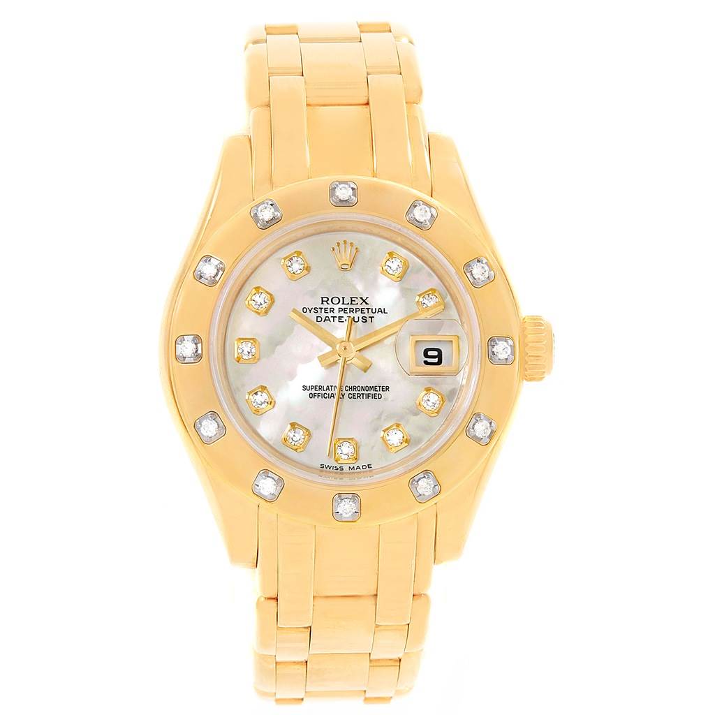 This is a front view of a Rolex Pearlmaster 80318 Women's Yellow Gold Mother of Pearl Dial 80318 Women's Yellow Gold Mother of Pearl Dial watch, showcasing the dial, bezel, bracelet, and date window.