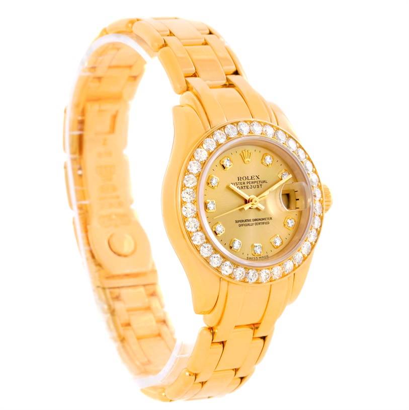 This image shows a Rolex Pearlmaster 69298 Women's Yellow Gold Champagne Dial 69298 Women's Yellow Gold Champagne Dial watch from an angled view, displaying the face, bezel, and a portion of the bracelet.