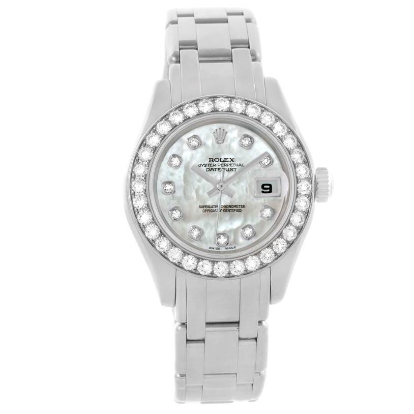 The image shows a front view of the Rolex Pearlmaster 80299 Women
s White Gold Mother of Pearl Dial 80299 Women
s White Gold Mother of Pearl Dial watch, displaying the dial, bezel, case, bracelet, and crown.